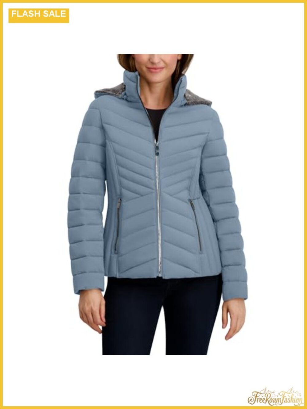 Nautica Women's Stretch Puffer Jacket Detachable Faux Fur Hood Midweight